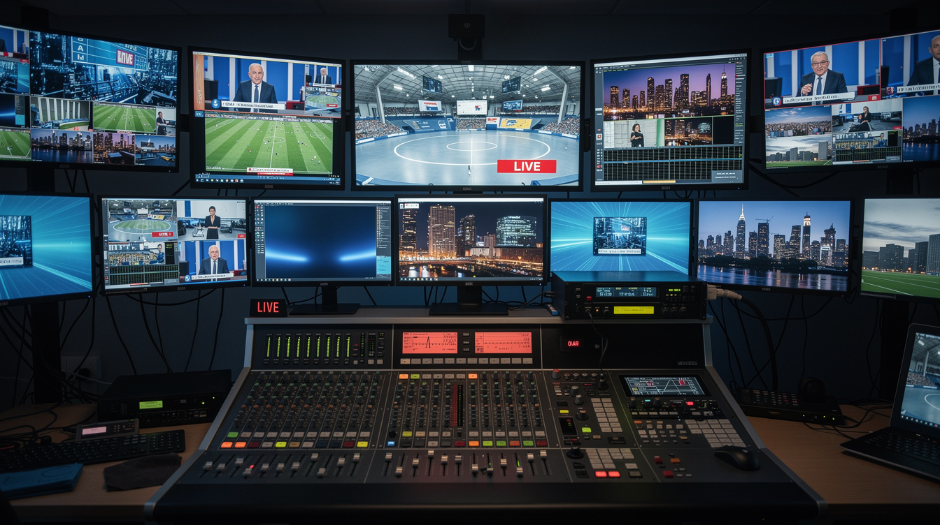 TV broadcast control room with multiple monitors