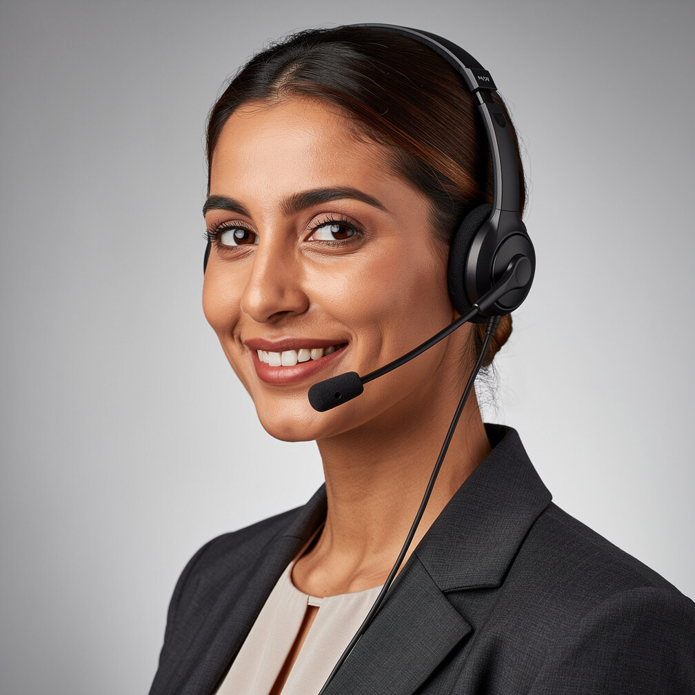 Turkish crisis hotline consultant wearing a headset