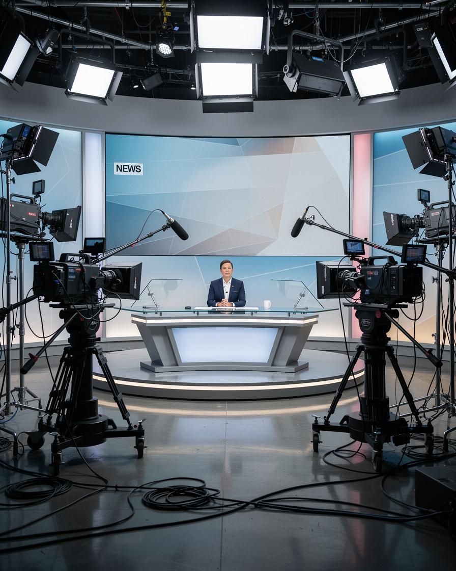 Live TV broadcast studio during a tense on-air moment